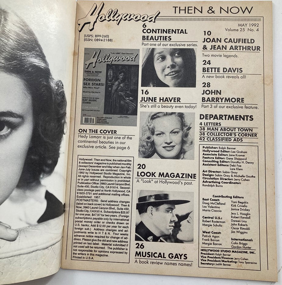 Inside page of Hollywood Studio Magazine Then & Now May 1992, displaying additional topics including Hedy Lamarr as a continental beauty, and notable figures like Joan Caulfield and June Haver.