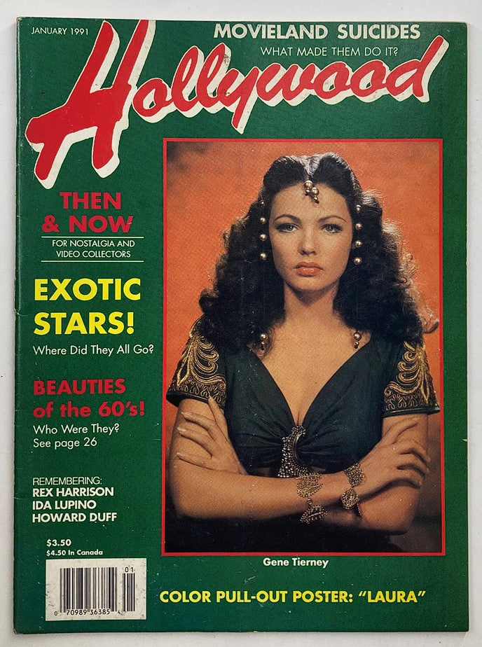 Cover of Hollywood Studio Magazine Then & Now January 1991 featuring Gene Tierney. The magazine includes articles on Hollywood's history and a color pull-out poster.