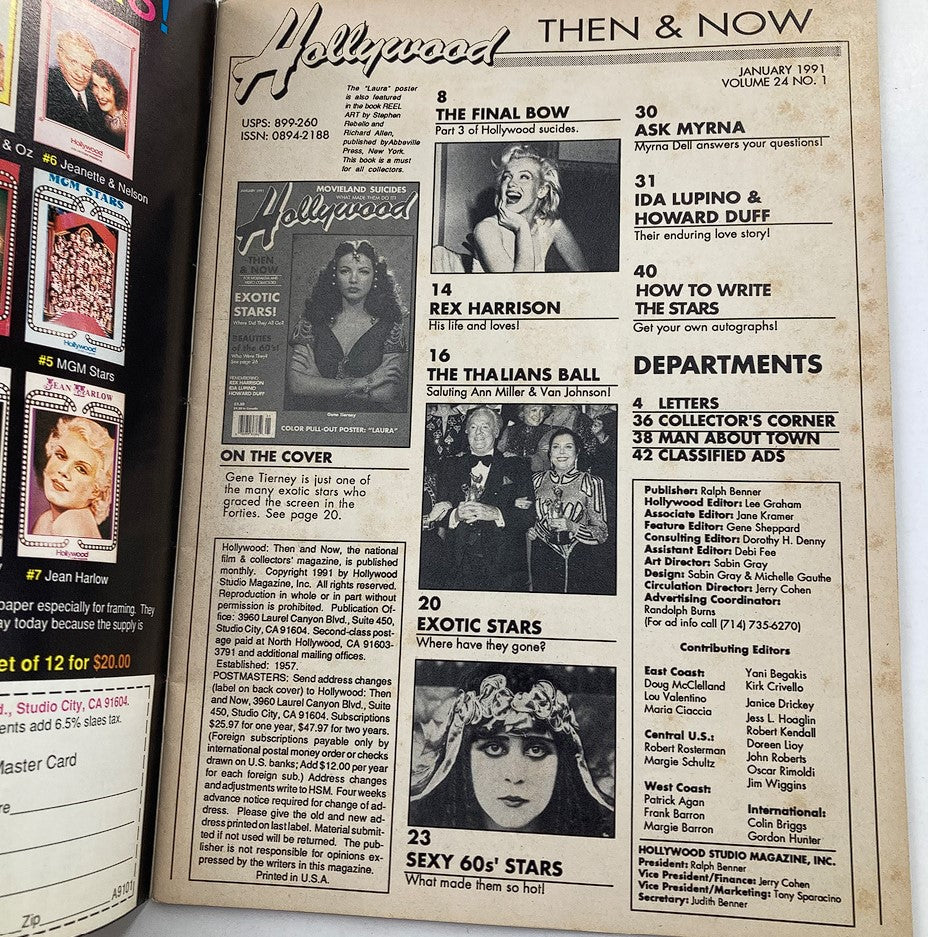 Inside page of Hollywood Studio Magazine Then & Now January 1991, showcasing the contents including an article about Gene Tierney and topics related to exotic stars and Hollywood filmmaking.