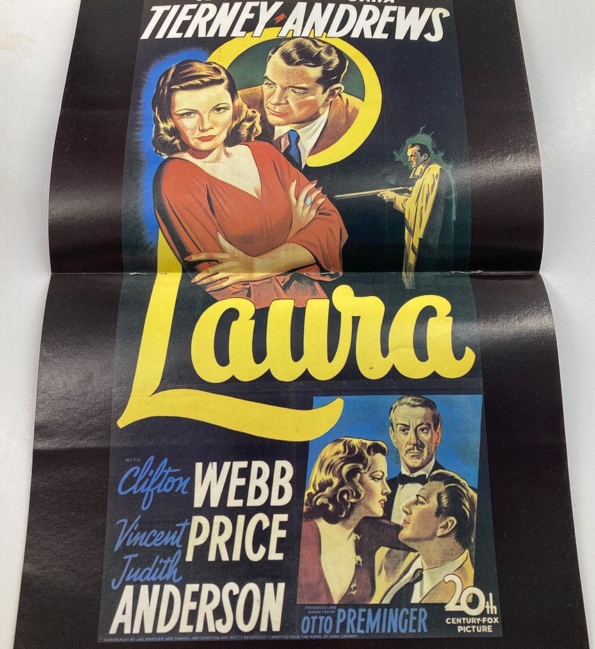 Poster from Hollywood Studio Magazine Then & Now January 1991 featuring Gene Tierney in the film 'Laura' alongside actors Clifton Webb and Vincent Price. This vintage promotional material highlights the film's classic era and is a stunning collectible for movie enthusiasts.