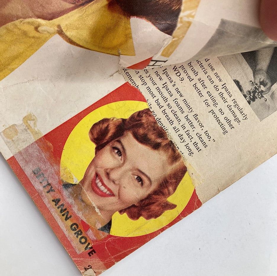Close-up of an interior page from the VTG TV Radio Mirror Magazine September 1954, highlighting a portrait of Betty Ann Grove with visible wear and age.