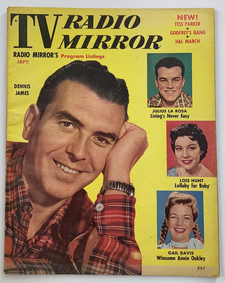 Cover of VTG TV Radio Mirror Magazine from September 1955, Volume 44, Issue #4 featuring Dennis James, alongside images of Julius La Rosa, Lois Hunt, and Gail Davis.