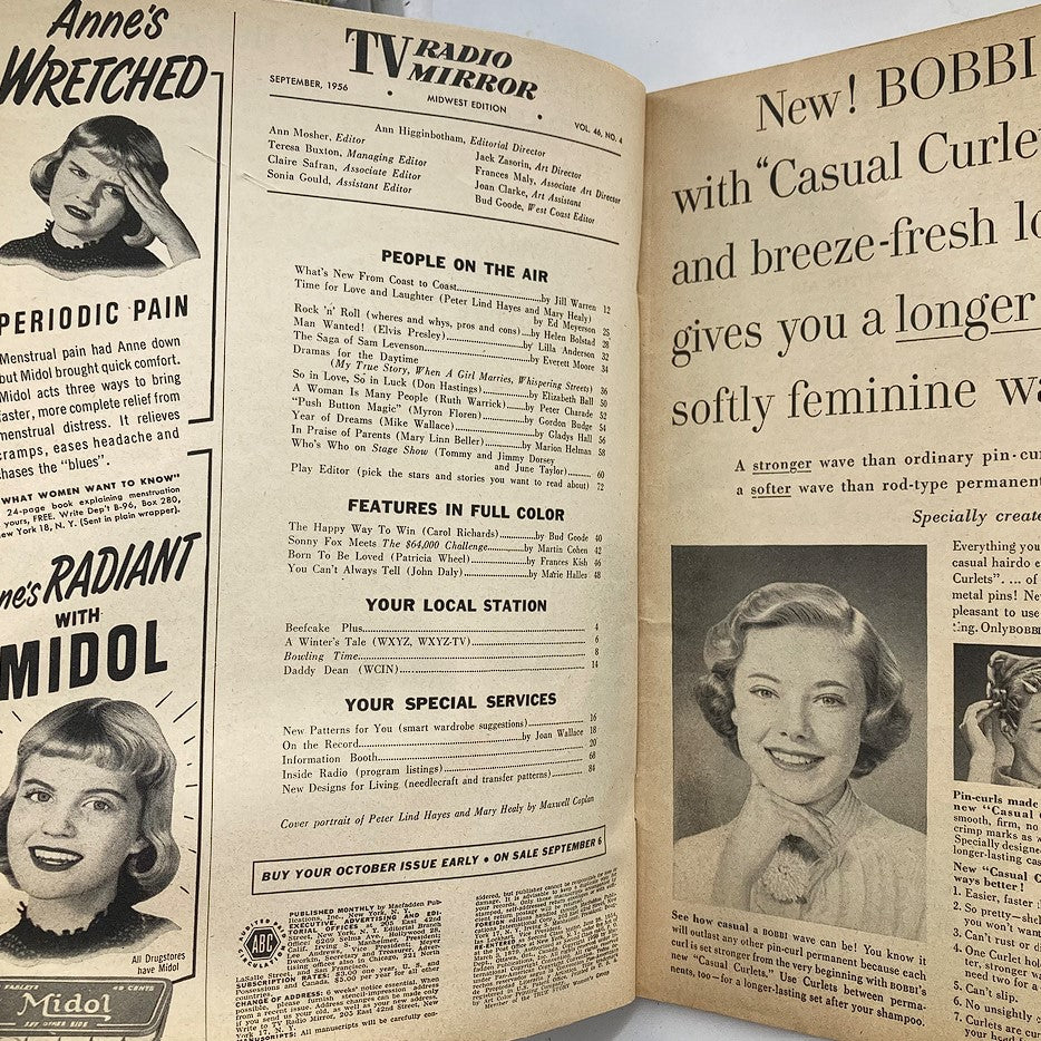 Inside page of the VTG TV Radio Mirror Magazine September 1956, highlighting articles and features related to television and radio during the 1950s.