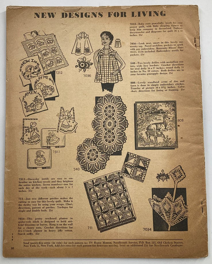 Back cover of the VTG TV Radio Mirror Magazine March 1958 featuring various designs for living and crafting ideas popular in the 1950s.