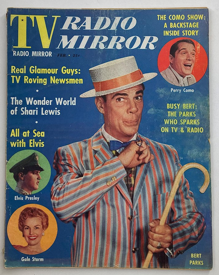 VTG TV Radio Mirror Magazine February 1959 Cover featuring a colorful portrait of Bert Parks, a prominent television personality, along with other famous figures like Elvis Presley and Gale Storm, highlighting the entertainment culture of the late 1950s.