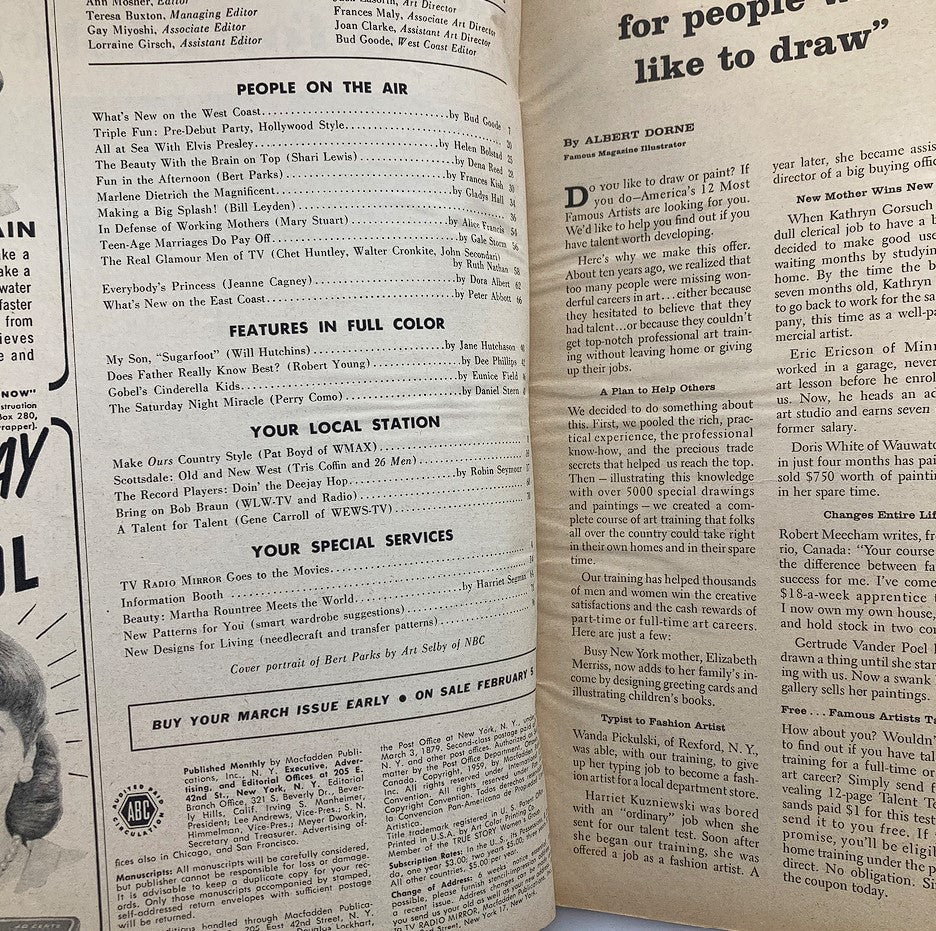 Interior page of the VTG TV Radio Mirror Magazine February 1959 featuring articles and sections including 'People on the Air,' 'Features in Full Color,' and 'Your Local Station,' alongside a cover portrait of Bert Parks.