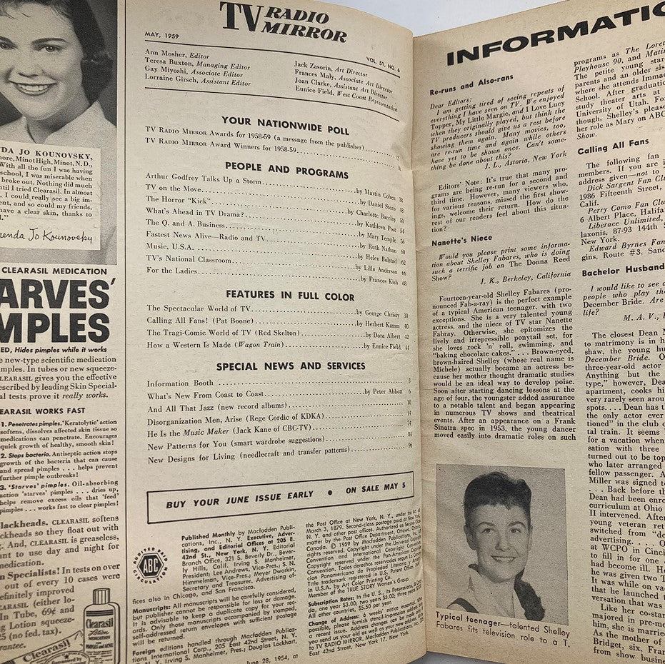 Interior pages of the VTG TV Radio Mirror Magazine May 1959 showcasing articles and information about popular television programs and features from the era.
