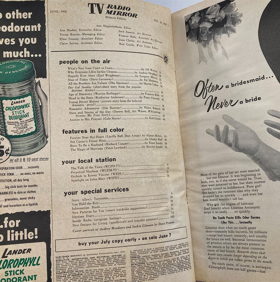 Interior page of the VTG TV Radio Mirror Magazine June 1955, Volume 44 #1, showcasing articles and advertisements from mid-20th century.