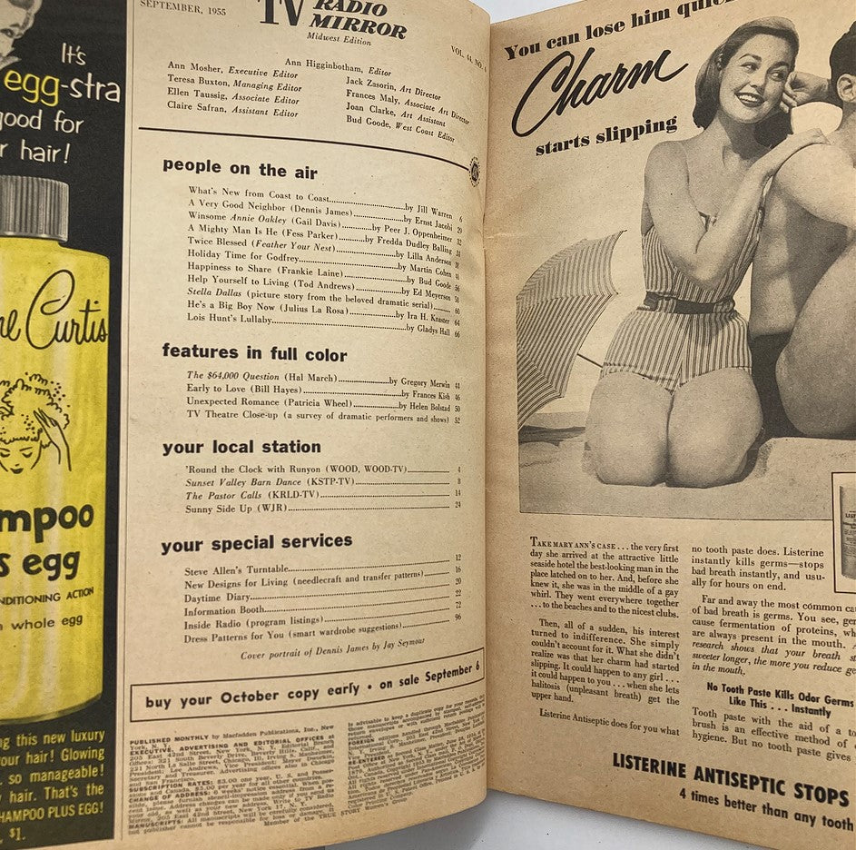 Interior page of VTG TV Radio Mirror Magazine September 1955, featuring program listings and advertisements, reflecting 1950s media.