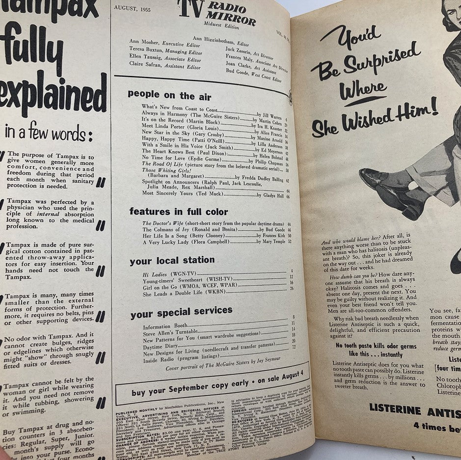Inside page of the VTG TV Radio Mirror Magazine from August 1955, featuring content related to television programming and advertisements alongside a classic design from the era.