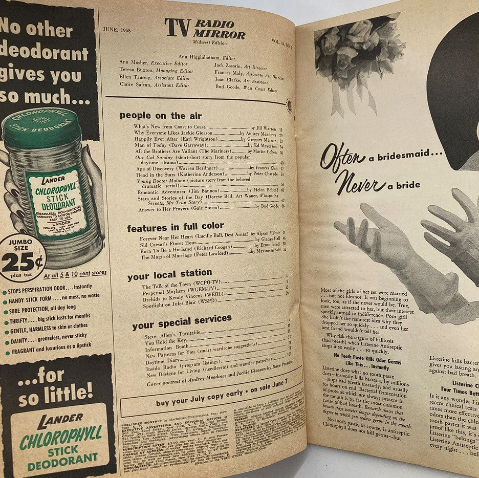 Inside page of June 1955 TV Radio Mirror Magazine displaying content listing and illustrations, part of the vintage magazine featuring Audrey Meadows.