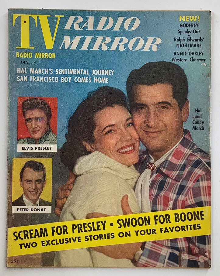 Cover of the VTG TV Radio Mirror Magazine from January 1957 featuring Candy and Hal March, with nostalgic elements and vibrant colors.