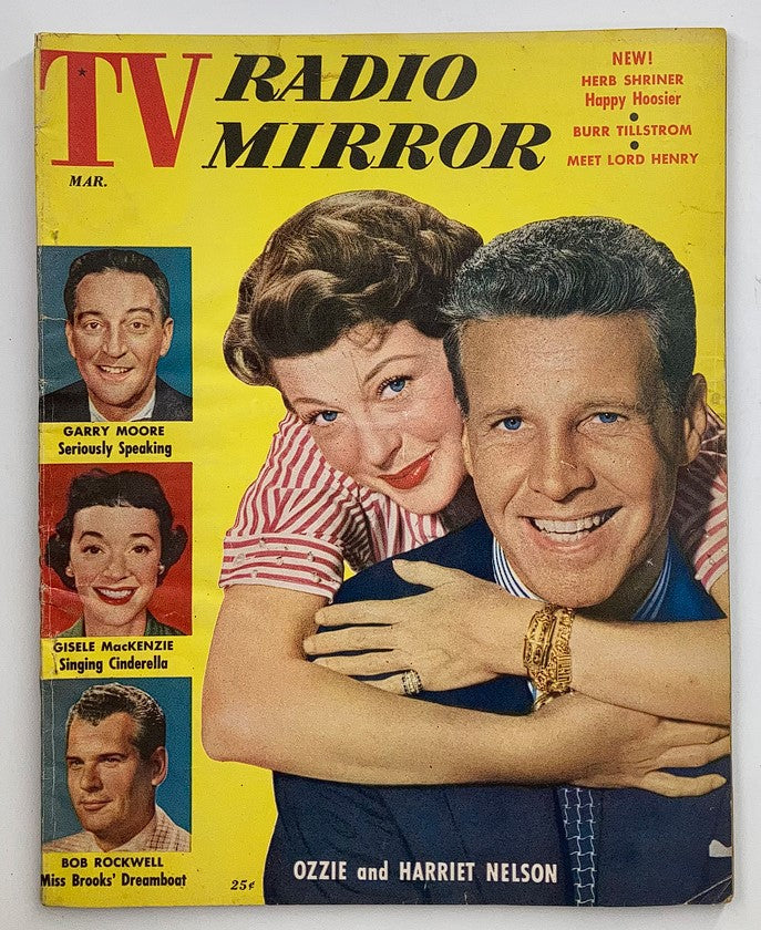 Cover of VTG TV Radio Mirror Magazine March 1955 featuring Ozzie and Harriet Nelson with vibrant colors and vintage design.