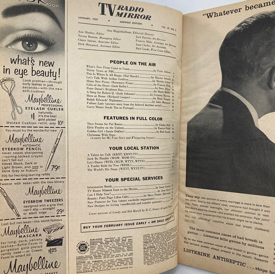 Interior pages of the VTG TV Radio Mirror Magazine from January 1957 showcasing articles, features, and advertisements from the 1950s.