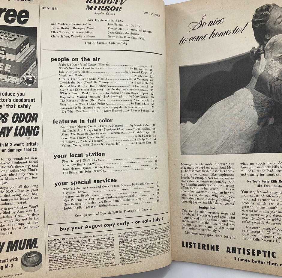 Inside page of VTG Radio TV Mirror Magazine July 1954 showcasing articles and features, including details about Don McNeill's Breakfast Club.