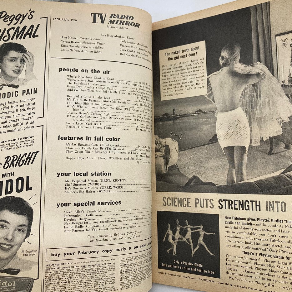 Interior of the VTG TV Radio Mirror Magazine from January 1956, displaying articles and advertisements from the era.