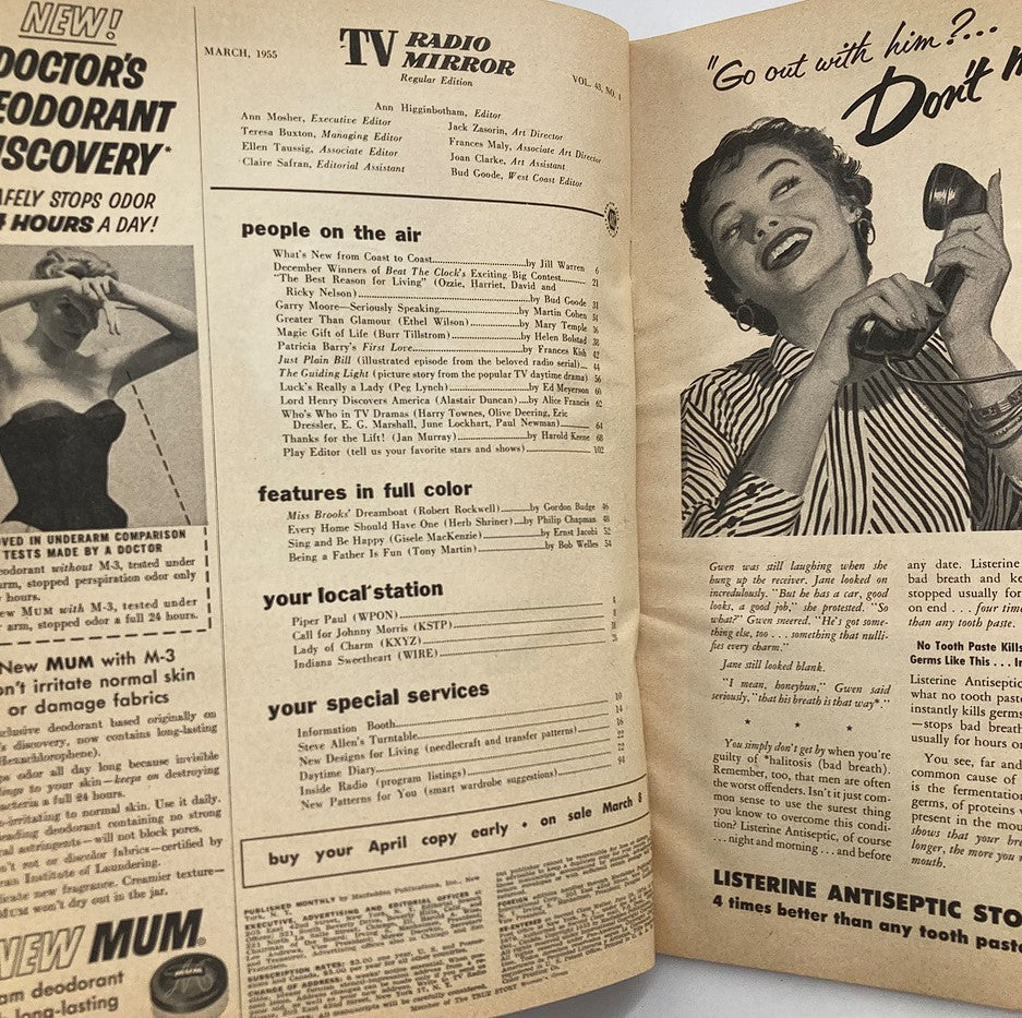 Inside page of VTG TV Radio Mirror Magazine March 1955 showcasing articles and advertisements from mid-century television culture.