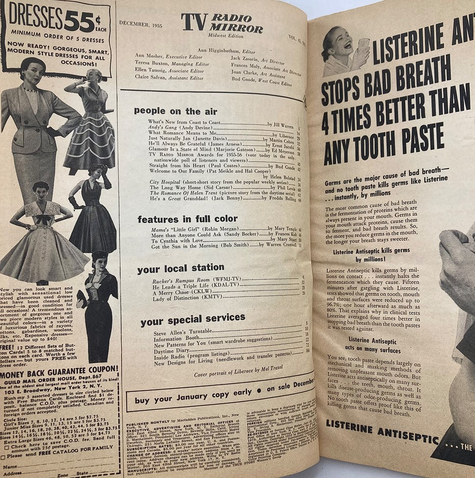 Vintage TV Radio Mirror Magazine December 1955 COver Portrait of Liberace