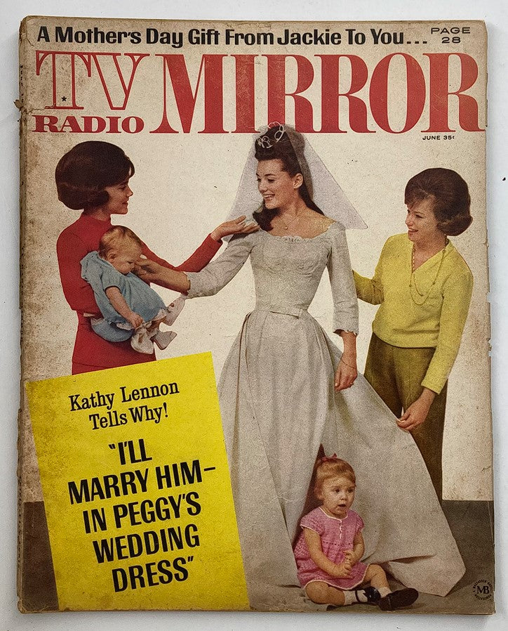 Cover of VTG TV Radio Mirror Magazine June 1965 featuring Kathy Lennon in a wedding dress and a mother with children, reflecting 1960s pop culture.