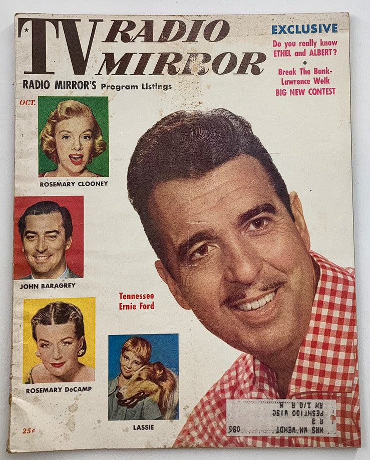 Cover of VTG TV Radio Mirror Magazine from October 1955 featuring a portrait of Tennessee Ernie Ford along with other personalities like Rosemary Clooney and John Baragrey.