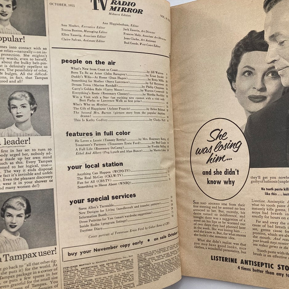 Inside page of VTG TV Radio Mirror Magazine October 1955 featuring articles and features, including a section on Tennessee Ernie Ford.