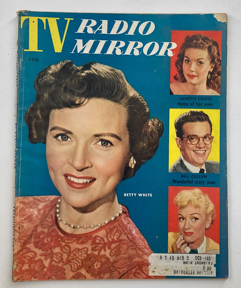 VTG TV Radio Mirror Magazine February 1955 Cover featuring a portrait of Betty White with colorful promotional images of Janette Davis and Bill Cullen.