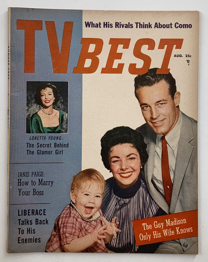 VTG TV Best Magazine August 1956 Vol 1 #5 featuring cover art with Guy Madison, Loretta Young, and a child, showcasing nostalgic 1950s television culture.