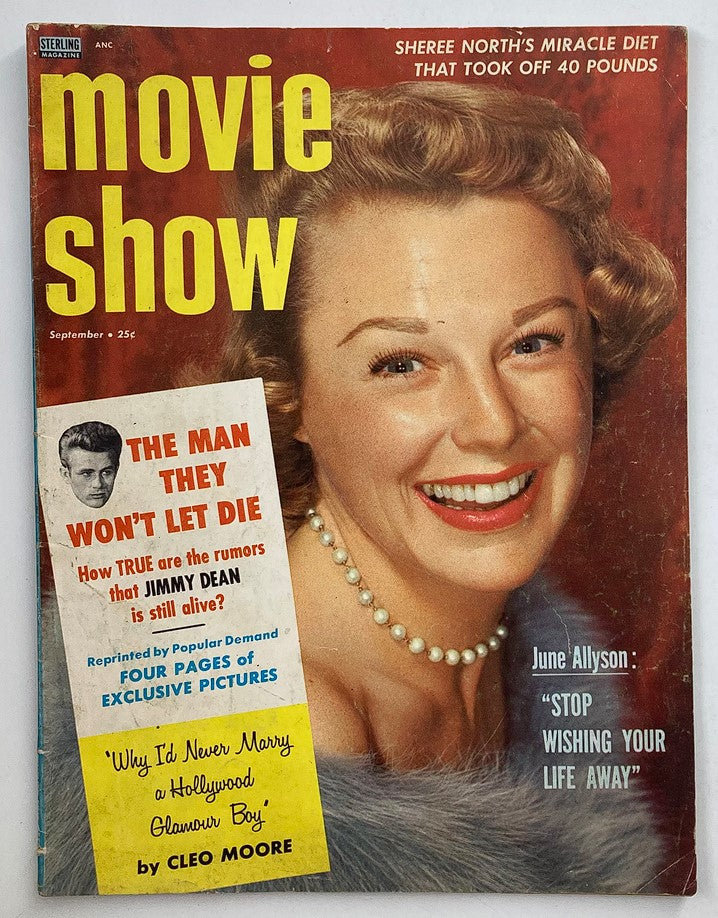 VTG Movie Show Magazine September 1956 featuring June Allyson on the cover with a bright smile and her iconic hairstyle, highlighting topics like Jimmy Dean and Hollywood gossip.