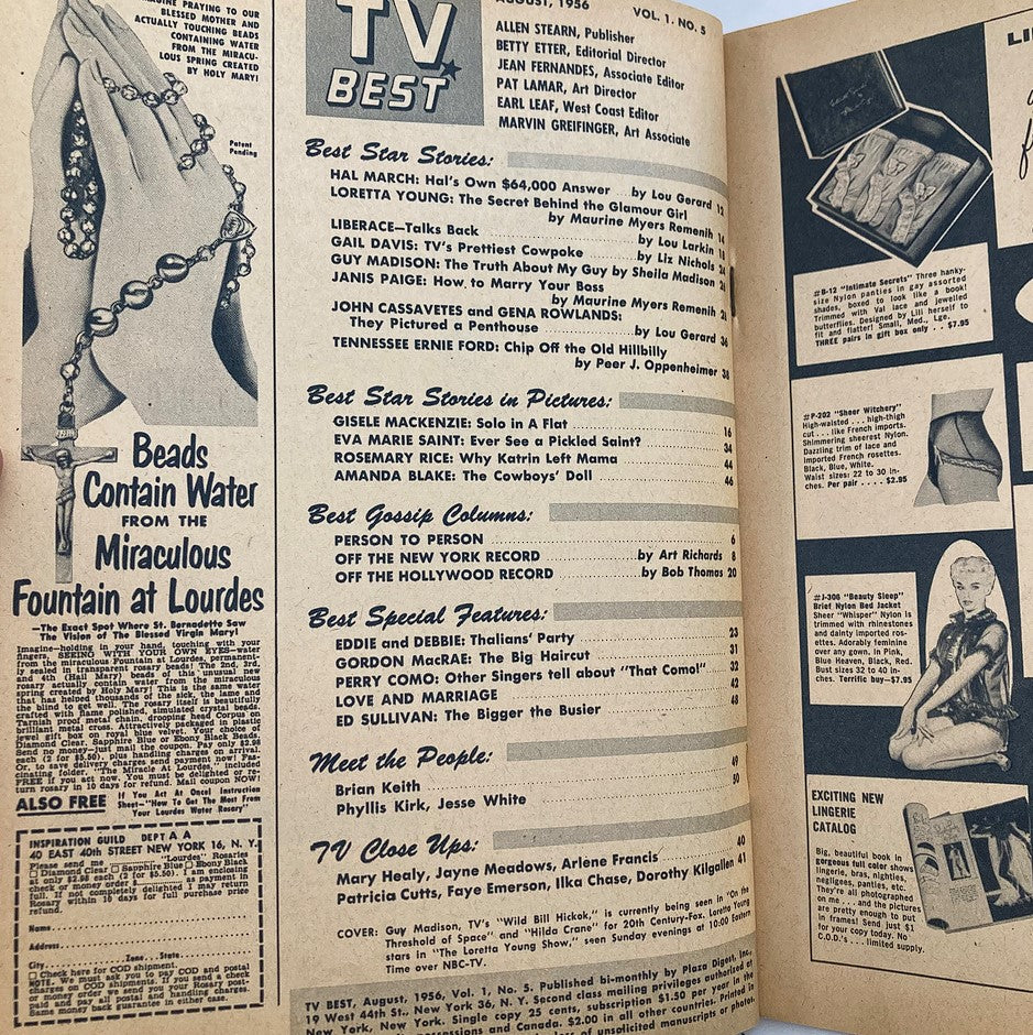 Interior page of VTG TV Best Magazine from August 1956, Volume 1, Issue 5, featuring articles and advertisements including Guy Madison and Wild Bill Hickok, showcasing nostalgic 1950s television culture.