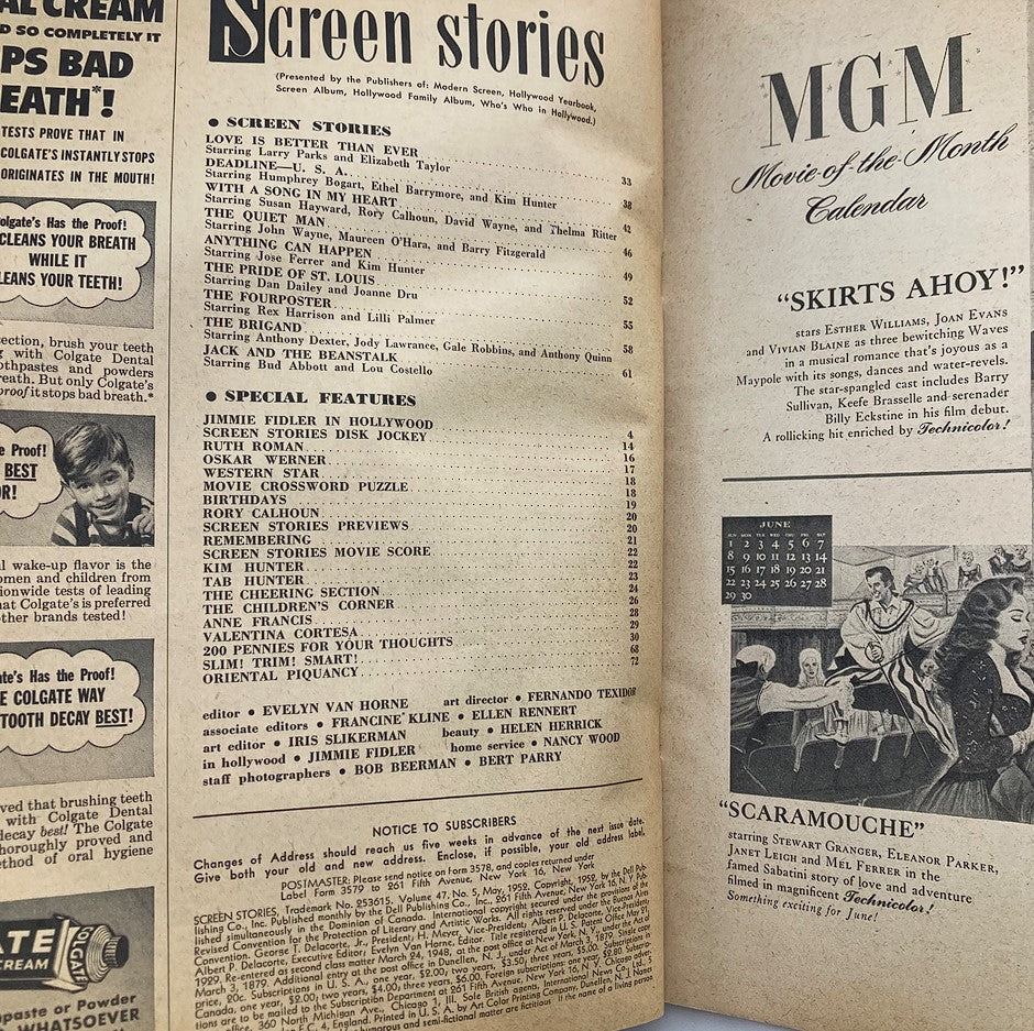 Interior page of VTG Screen Stories Magazine May 1952 Vol 47 #5, displaying the table of contents and article titles from the vintage publication.