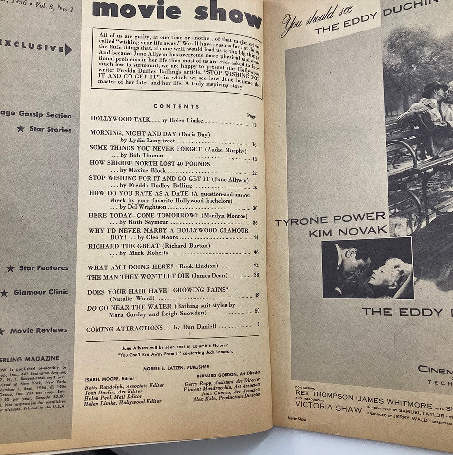 Inside page of VTG Movie Show Magazine September 1956 showcasing the contents, including articles on June Allyson and Hollywood stars, revealing a glimpse into classic cinema.