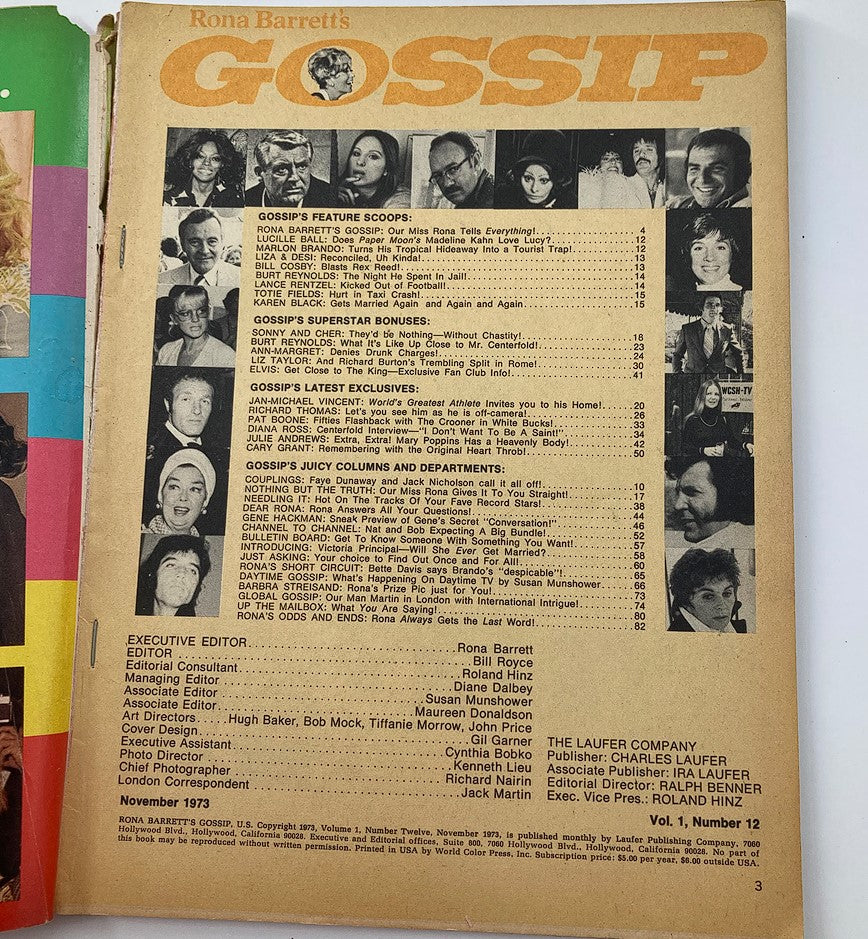Vintage Rona Barrett's Gossip Magazine from November 1973, Volume 1, Number 12, featuring celebrity gossip and articles, including content about Sonny & Cher. The magazine showcases the iconic cover with a vibrant design and lists exciting features on prominent stars of the 70s, capturing the essence of the pop culture of that era.