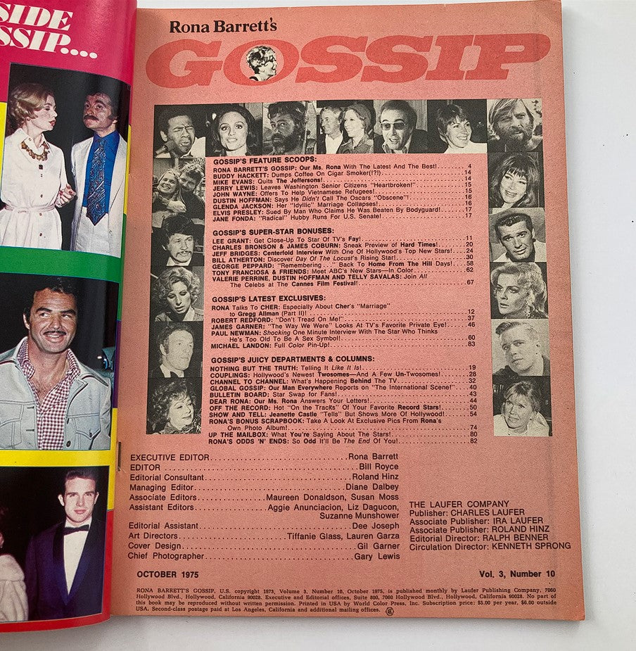 Inside page of VTG Rona Barrett's Gossip Magazine October 1975 Vol 3 #10 showcasing table of contents with celebrity names and gossip columns, reflecting the pop culture of the era.