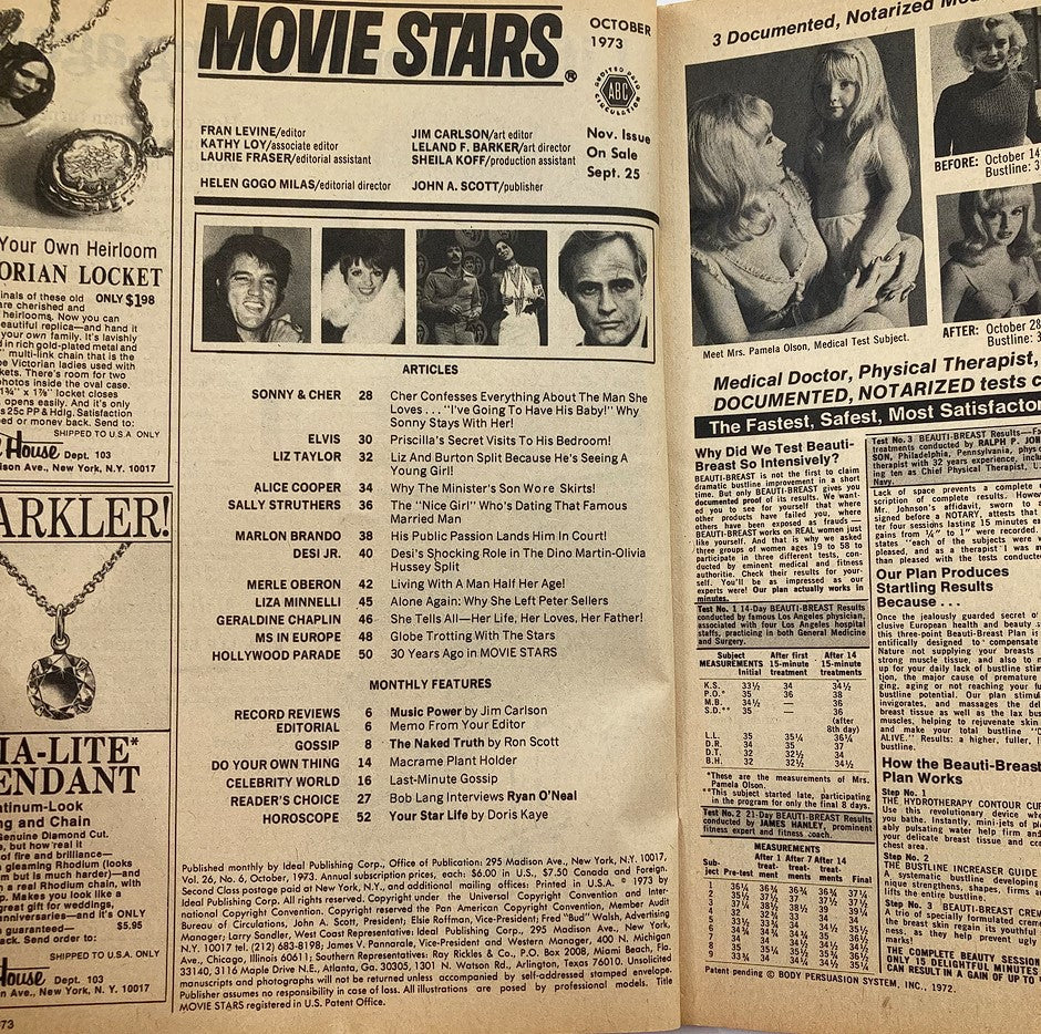 Inside page of the VTG Movie Stars Magazine October 1973 Vol 26 #6 displaying index and articles including features on Cher, Sonny, and other iconic celebrities of the era.