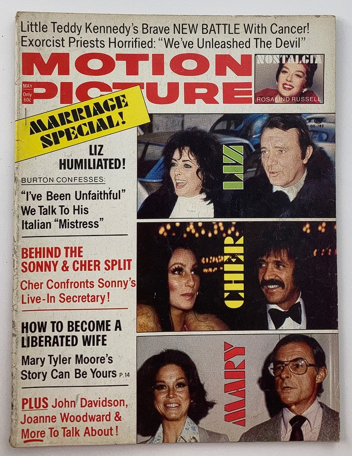 Motion Picture Magazine May 1974 Vol 63 #759 featuring Elizabeth Taylor on the cover. The magazine highlights news on celebrities and film including articles on Liz Taylor, Sonny and Cher, and Mary Tyler Moore. The cover captures the essence of 1970s cinema.