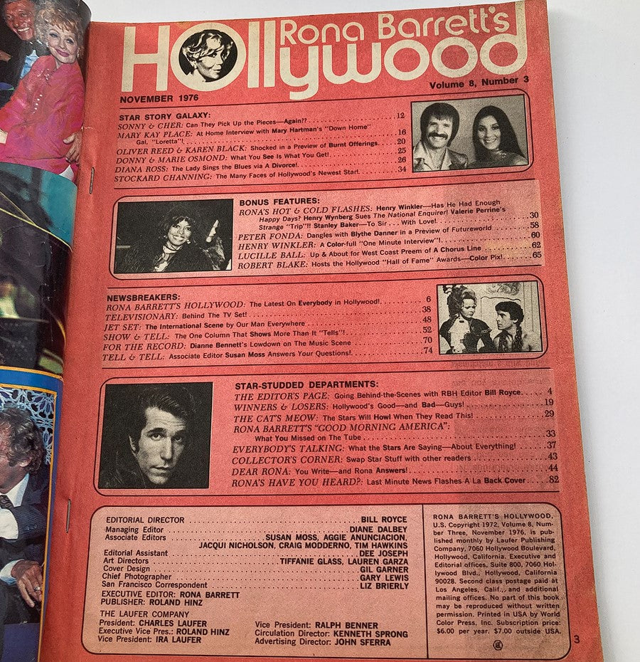 Inside page of Rona Barrett's Hollywood Magazine November 1976, highlighting articles and features including a spotlight on Sonny & Cher.