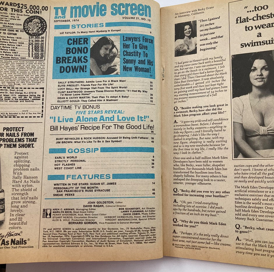 Interior page of the TV and Movie Screen Magazine from September 1974, highlighting stories including Cher's breakdown and various features, offering a nostalgic glimpse into 1970s television culture.