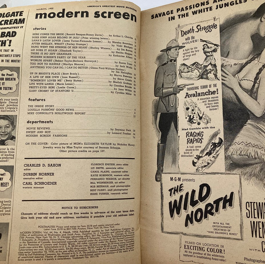 Interior page of VTG Modern Screen Magazine March 1952, featuring movie articles and advertisements with a focus on the cover story featuring Elizabeth Taylor.