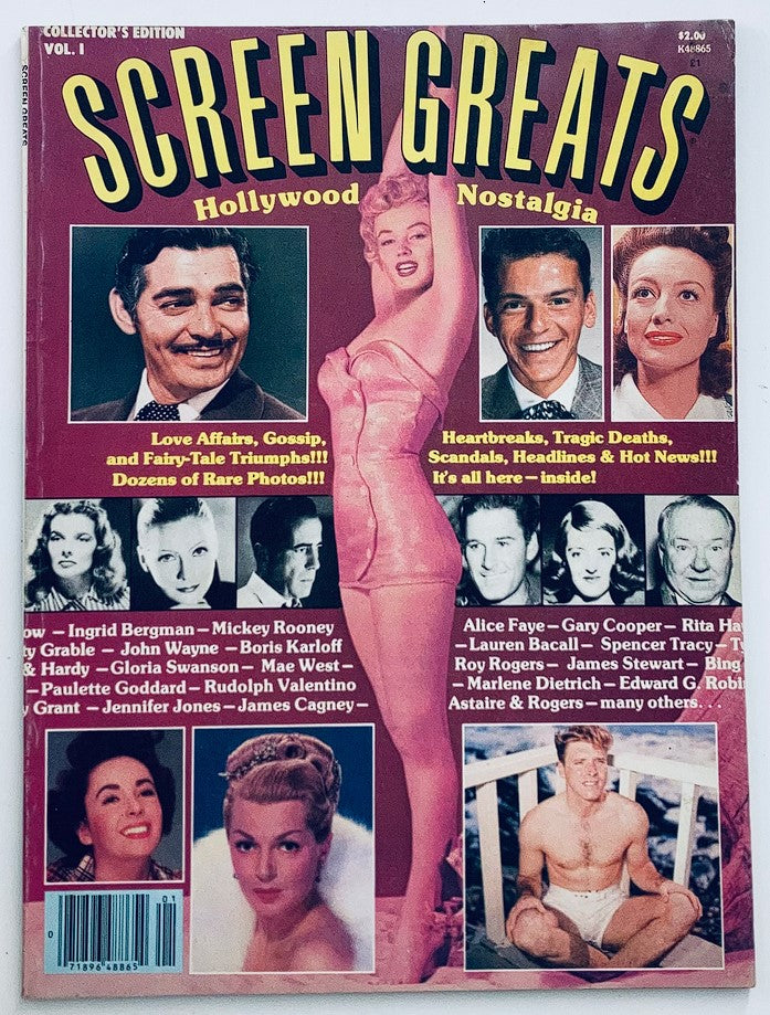 Cover of Screen Greats Hollywood Nostalgia Magazine 1980 Vol 1 featuring Marilyn Monroe, showcasing classic Hollywood glamour with articles and photos of legendary stars.