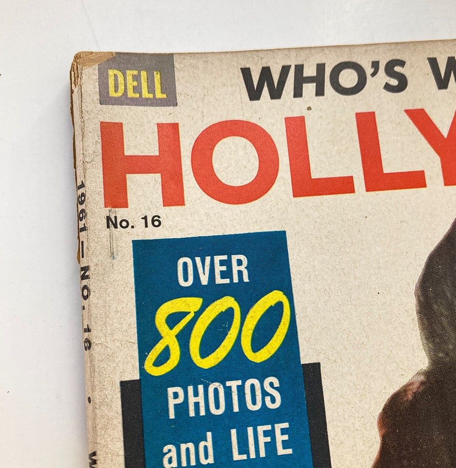 Close-up of the title and details on the cover of VTG Who's Who in Hollywood Magazine 1961 #16, emphasizing the magazine's vintage appeal and its highlight on movie stars.