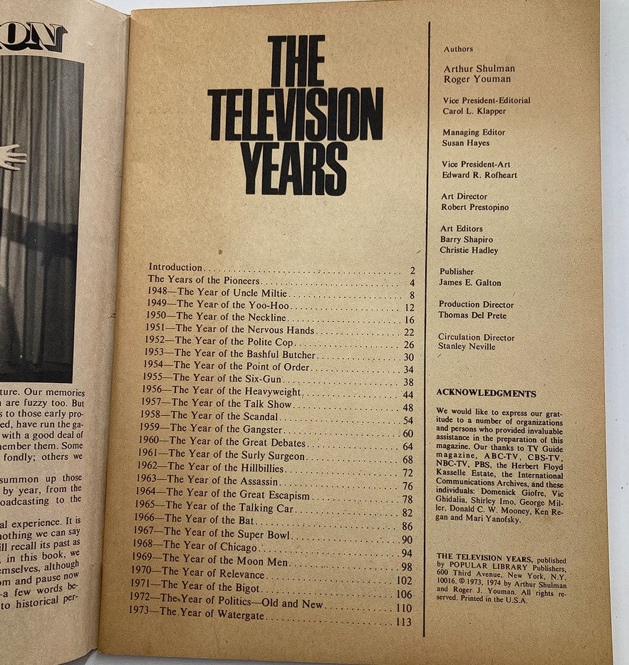 Interior page of VTG The Television Years Magazine 1973, displaying the table of contents and featuring section titles that chronicle television history and significant events from the past.