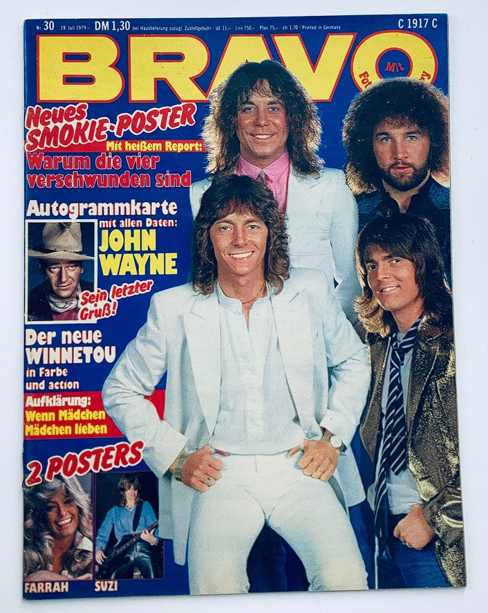 VTG Bravo Magazine July 19 1979 #30 featuring John Wayne and Farah Fawcett on the cover, showcasing music-related content, including posters and celebrity features.