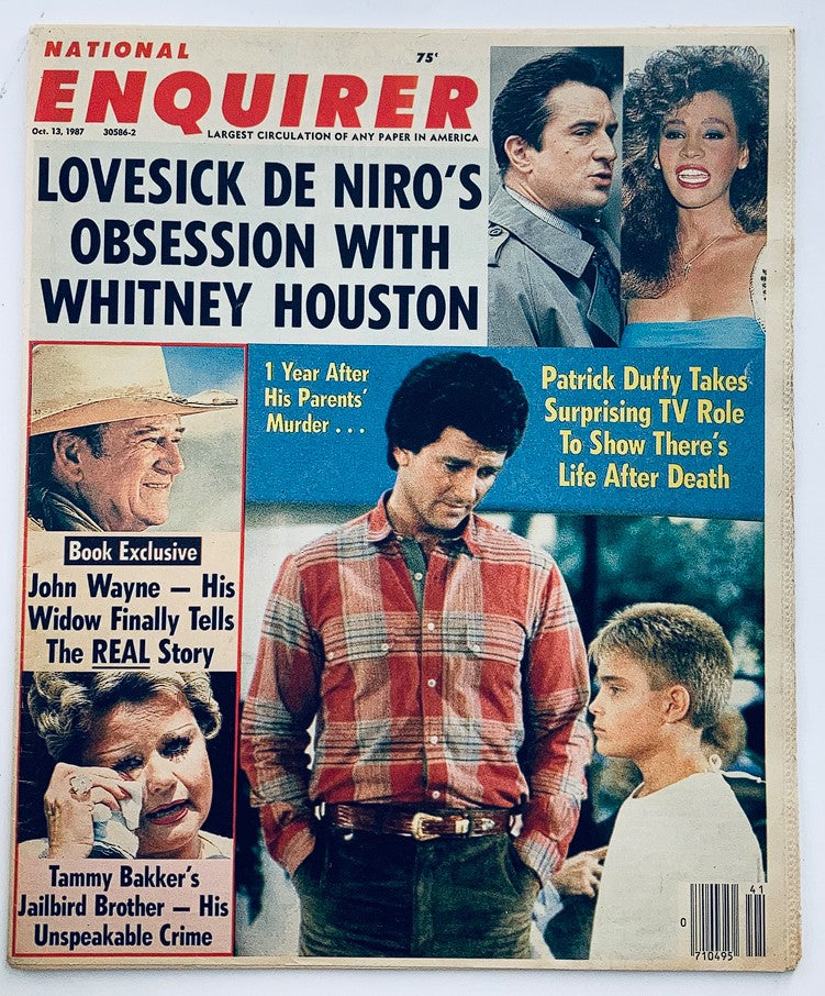 Cover of National Enquirer Tabloid from October 13, 1987 featuring Robert De Niro and Whitney Houston, with headlines about love obsession and other celebrity news.