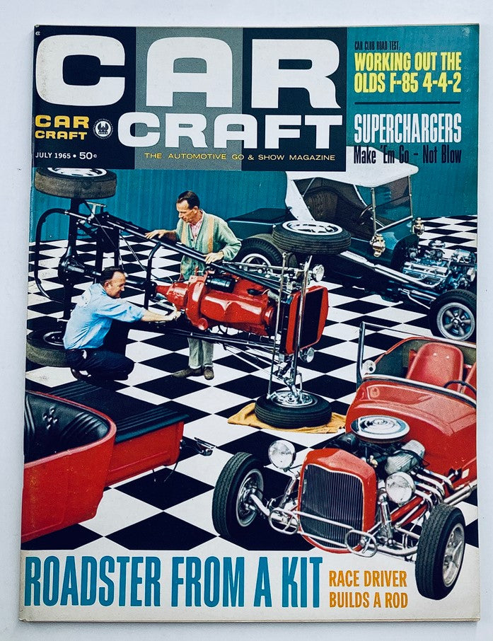 Cover of VTG Car Craft Magazine July 1965 Vol 13 #3 featuring a race driver building a rod with colorful graphics depicting a vintage automotive scene.