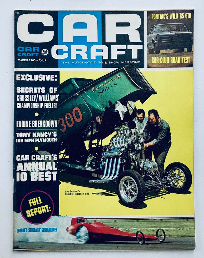 March 1965 issue of Car Craft Magazine featuring Ron Gerstner's stunning Go/Show Rod on the cover, showcasing the automotive culture of the 1960s.