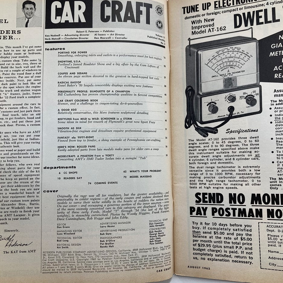 Inside page of the VTG Car Craft Magazine from August 1963, showcasing articles and advertisements related to classic cars and automotive performance.