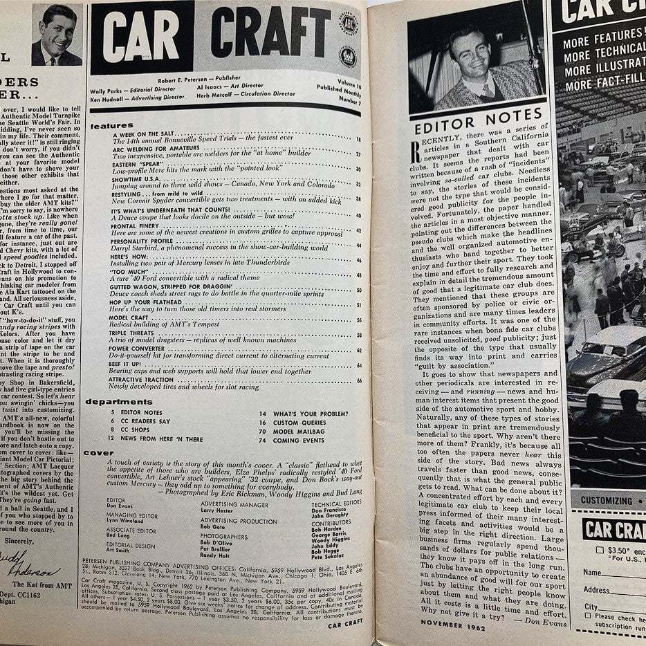 Inside page from the VTG Car Craft Magazine November 1962 displaying features and editor notes, highlighting classic car topics and custom automotive insights.