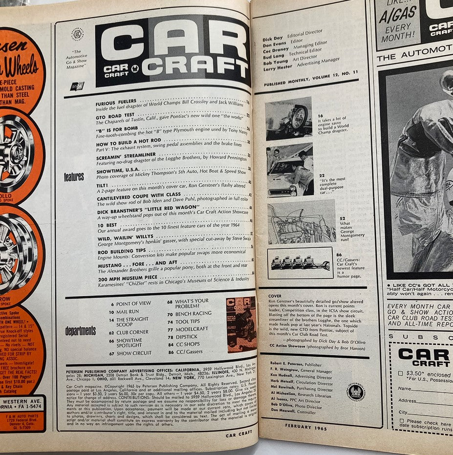 Interior page of Car Craft Magazine, March 1965 edition, featuring articles about automotive innovations and car shows, highlighting notable designs from that era.