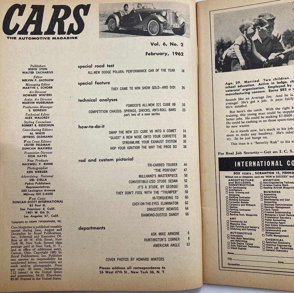 Interior page of VTG Cars Magazine February 1962, Volume 6, Issue 2, showing contents and features on vintage automobiles.