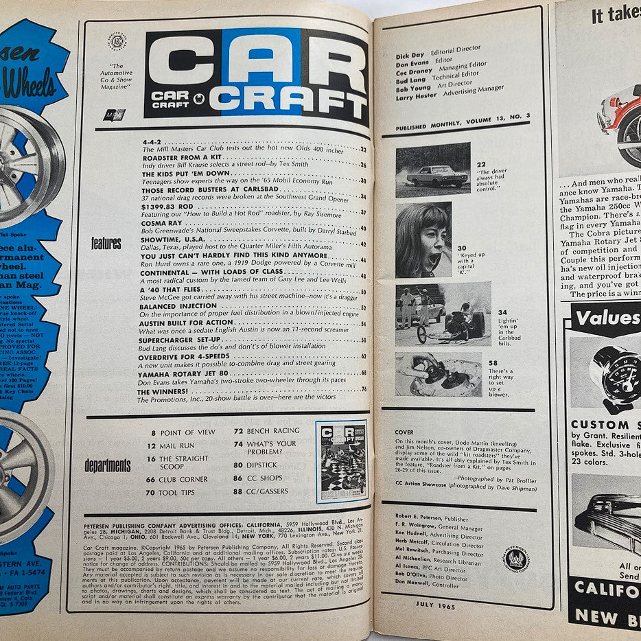 Inside page of VTG Car Craft Magazine July 1965 Vol 13 #3 showcasing contents and features including articles on car customization and racing.